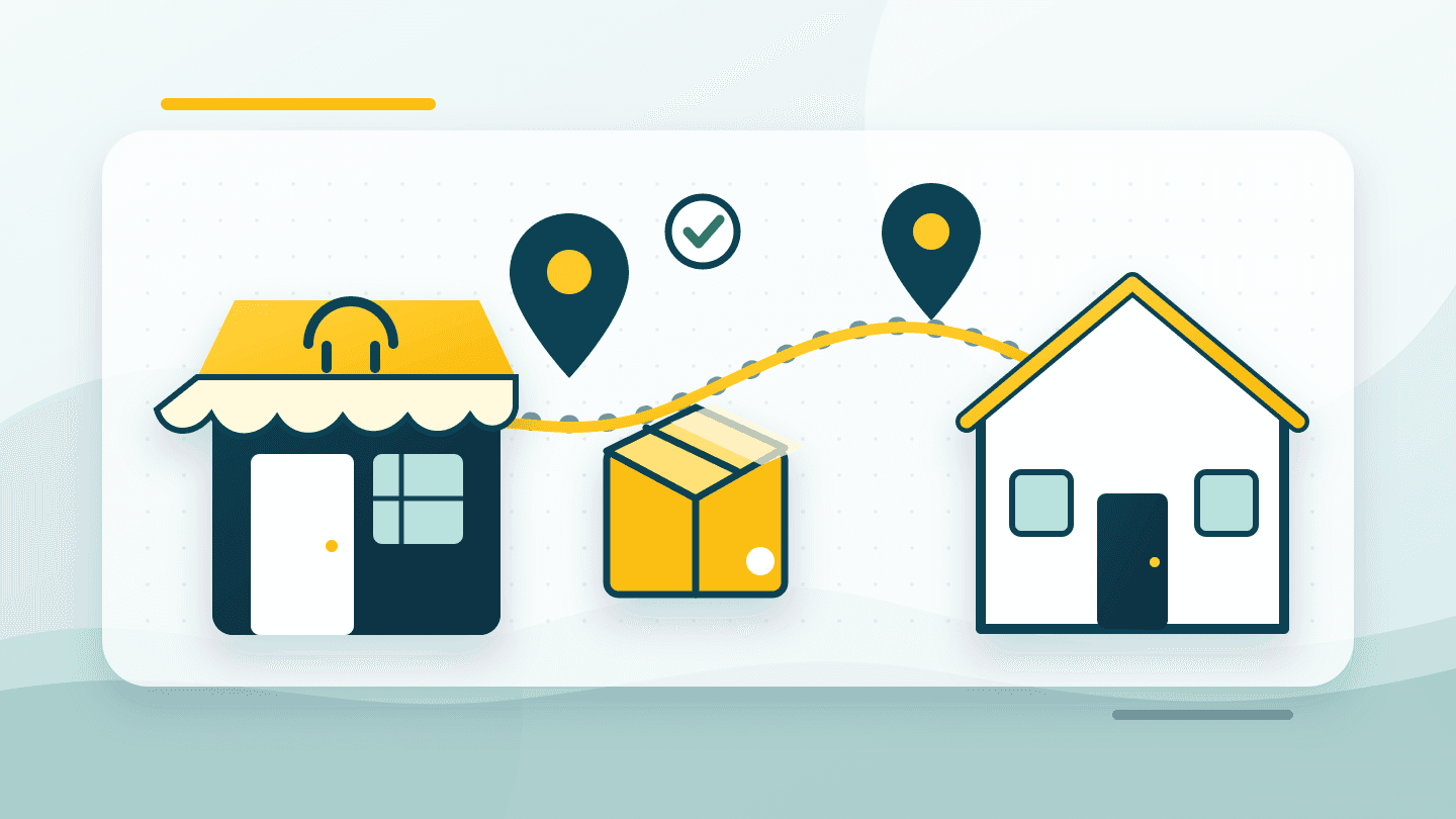 Illustration of an online-store parcel moving along a delivery route from shop to customer