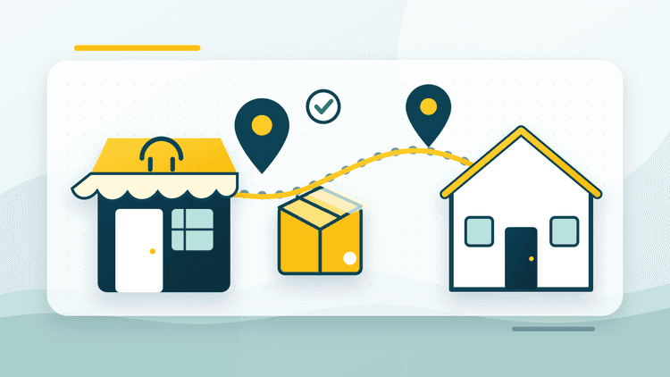 Illustration of an online-store parcel moving along a delivery route from shop to customer